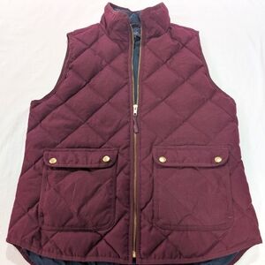 J.Crew Burgundy Quilted Puffer Vest Large Down Fill Zip Snap Layering